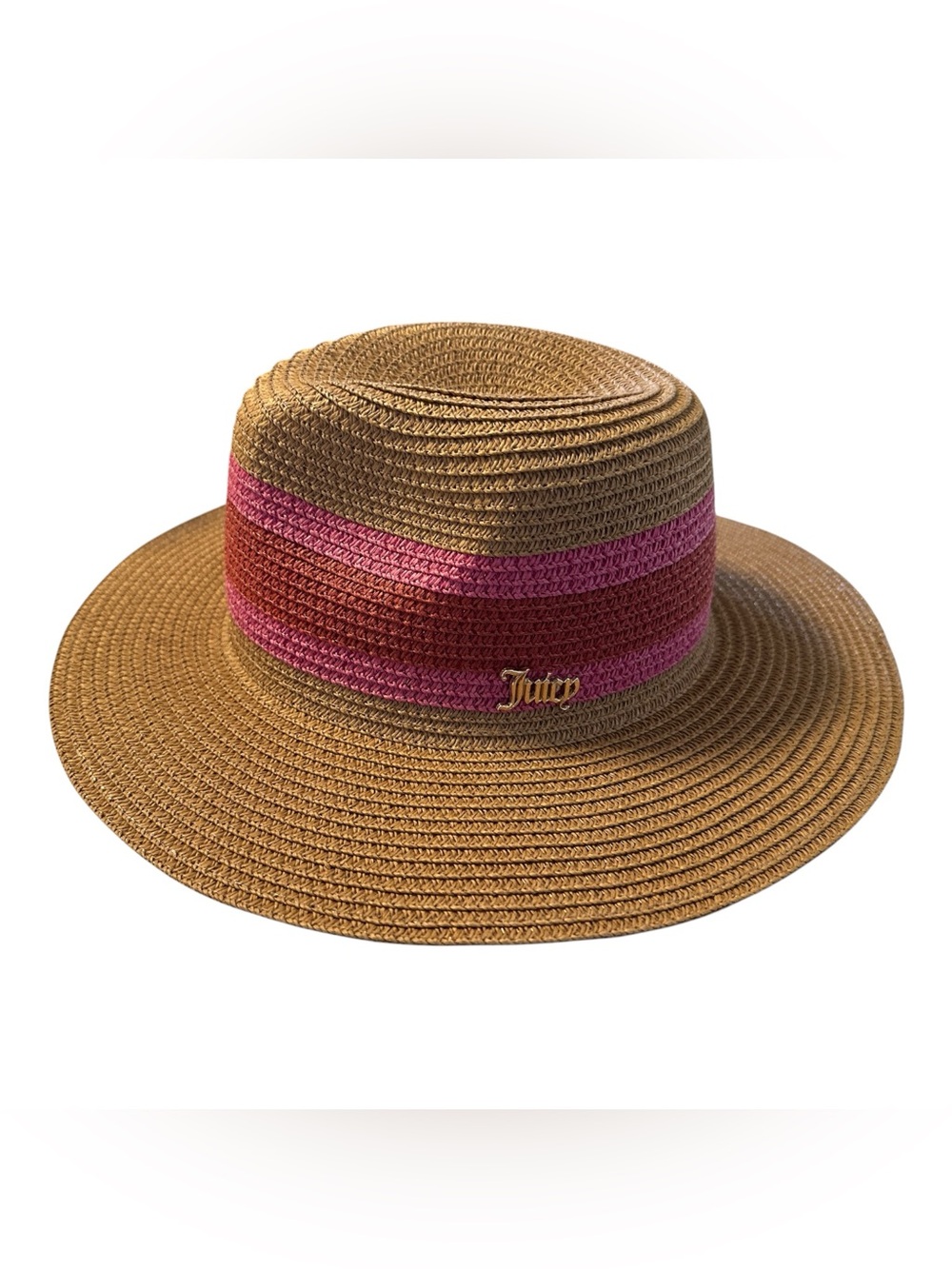 Juicy Couture Tan Straw Fedora Beach Hat with Pink & Deep Pink Band Gold Emblem